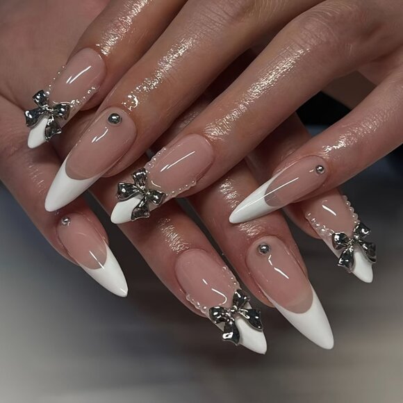 24pcs Almond Shape French Tip Press-On Nails with 3D Alloy Bows & Pearls, White - Picture 1 of 5